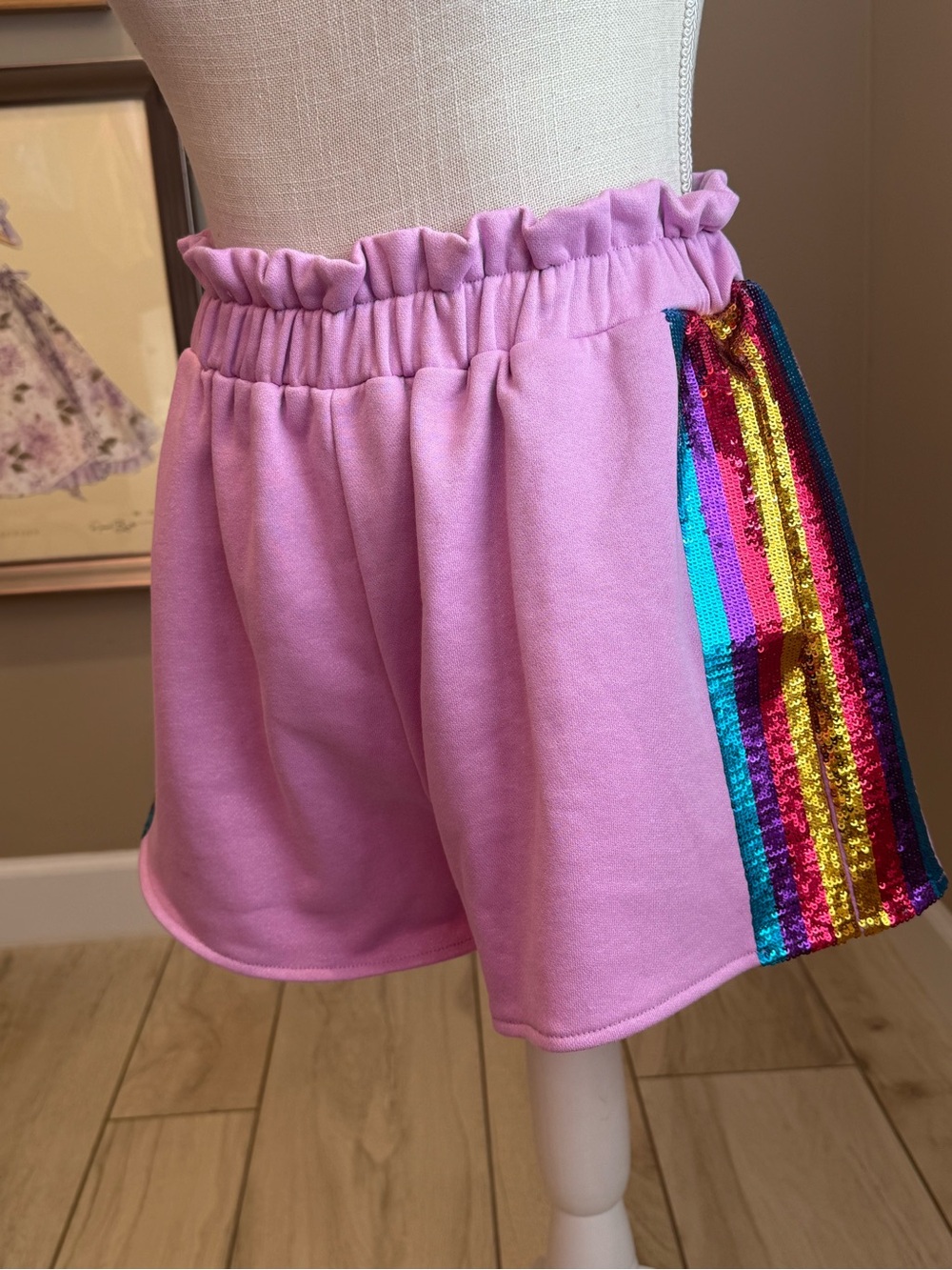 NWT! QUEEN OF SPARKLES  Purple Shimmer Shorts with Sequin Stripes